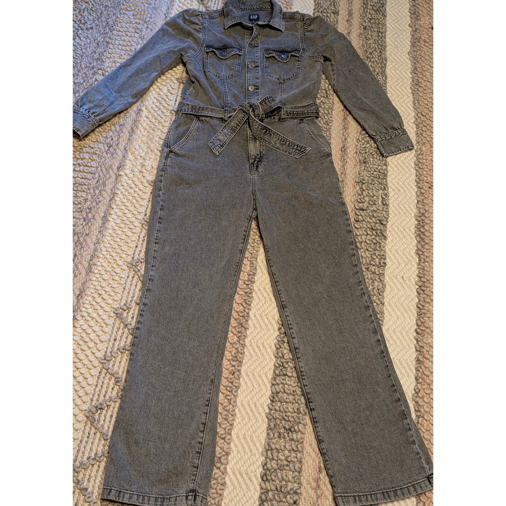 Gap Womens Denim Long Sleeve Tie Waist Jumpsuit Gray Puff Shoulder Size 6 - Picture 3 of 13